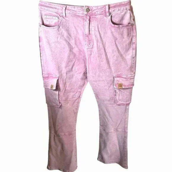 HOMME + FEMME LA distressed flare cargo jeans w/straps washed LIGHT PINK - Picture 2 of 9